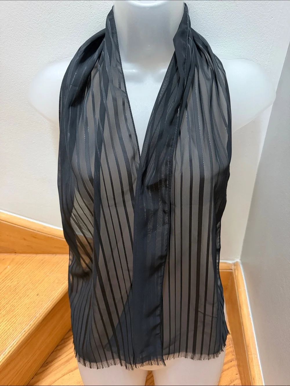 VTG Black Metallic Accent Thread Sheer Striped Lightweight Evening Scarf